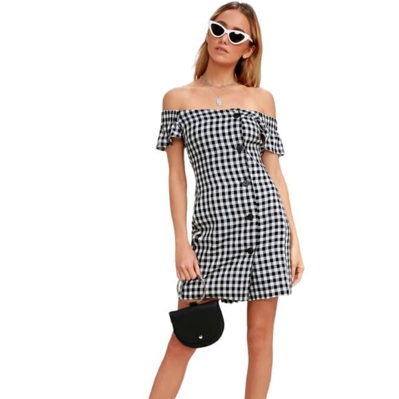 Lulus Check Please Off Shoulder Gingham Dress Nwt - Picture 1 of 12